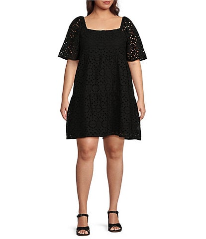 Calessa Plus Size Embroidered Square Neck Elbow Sleeve Pullover Dress