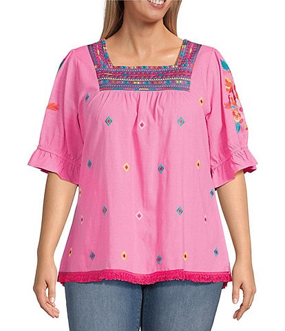 Calessa Plus Size Embroidered Square Neck Short Sleeve Top