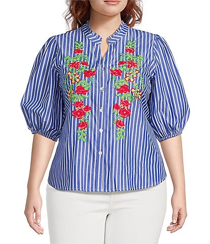 Calessa Plus Size Embroidered Stripe High Ruffle Split V-Neck Elbow Sleeve Button Front Tunic