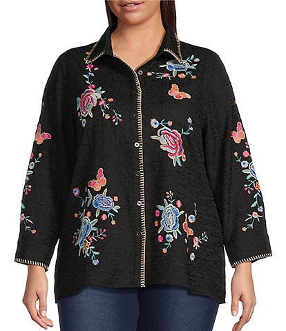 Calessa Plus Size Embroidered Textured Crinkle Point Collar Long Sleeve Button-Front Shirt