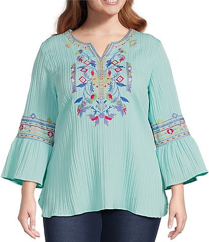 Calessa Plus Size Embroidered Textured Split V-Neck 3/4 Bell Sleeve Tunic