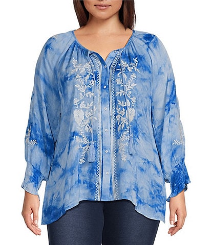 Calessa Plus Size Embroidered Tie Dye Split V-Neck 3/4 Sleeve Tunic