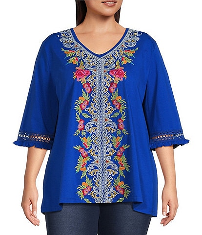 Calessa Plus Size Embroidered V-Neck Short Sleeve Blouse