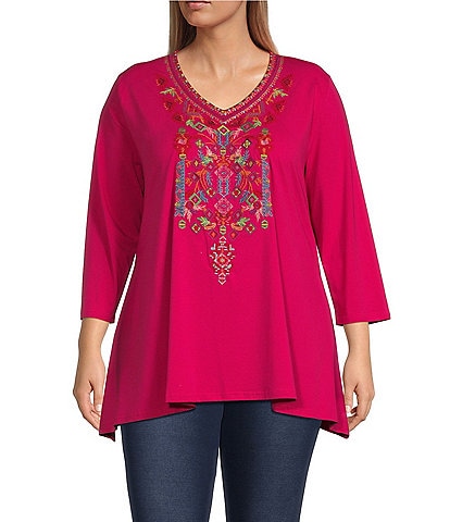 Calessa Plus Size Embroidered V Neckline 3/4 Sleeve Top