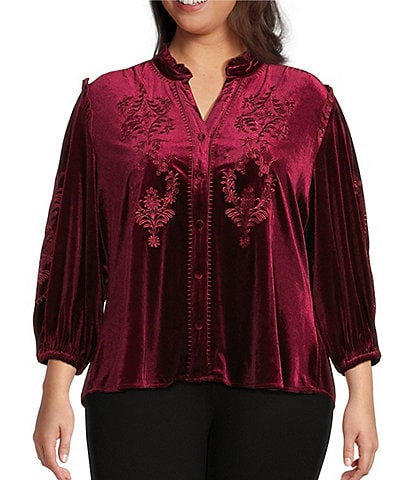 Calessa Plus Size Embroidered Velvet Ruffled Split V-Neck Long Sleeve Button-Front Tunic