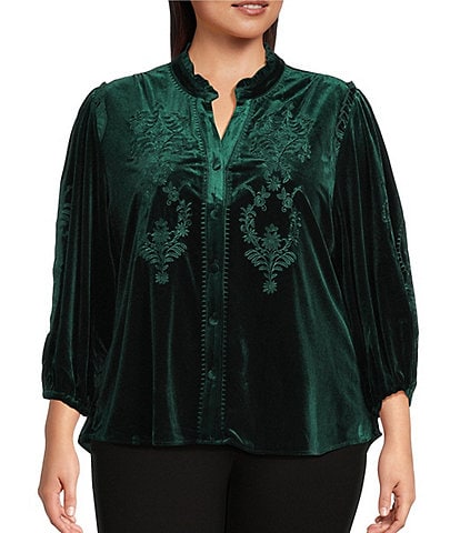 Calessa Plus Size Embroidered Velvet Ruffled Split V-Neck Long Sleeve Button-Front Tunic