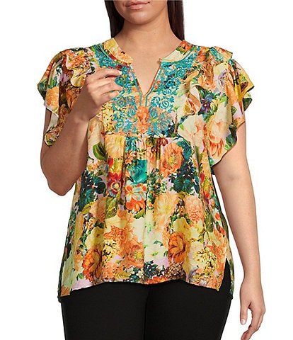 Calessa Plus Size Embroidered Vintage Floral Print Split V-Neck Ruffled Cap Sleeve Tunic