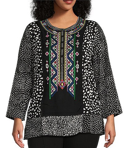 Calessa Plus Size Embroidered Woven Patchwork Print Jewel Neck 3/4 Sleeve Tunic