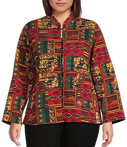 Calessa Plus Size Festive Patchwork Stand Collar Long Sleeve Button-Front Reversible Shirt Jacket