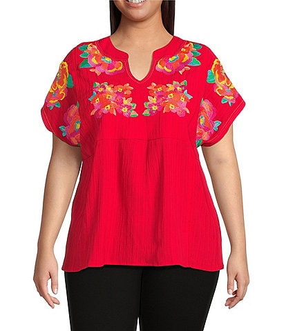 Calessa Plus Size Floral Embroidered Crinkle Split V-Neck Short Sleeve Top