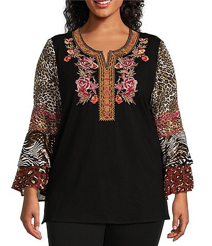 Calessa Plus Size Floral Embroidered Patchwork Knit Split Crew Neck 3/4 Tiered Sleeve Tunic