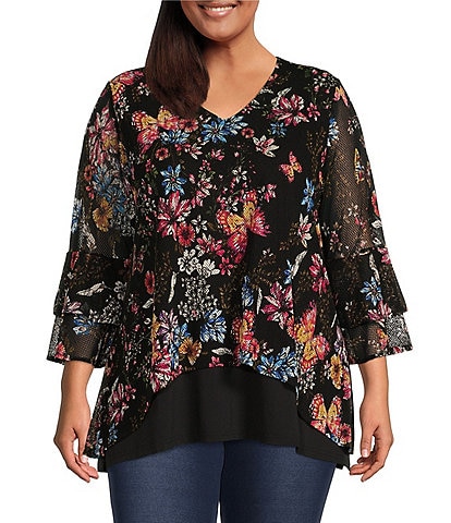 Calessa Plus Size Floral Print Mesh Knit V-Neck 3/4 Sleeve High-Low Hem Layered Tunic