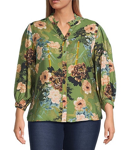 Calessa Plus Size Floral Split V-Neck 3/4 Sleeve Button Front Tunic