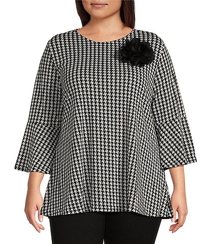 Calessa Plus Size Houndstooth Print Crew Neck 3/4 Sleeve Rosette Detail Tunic