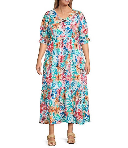 Calessa Plus Size Italian Floral Print V-Neck Long Sleeve Tiered Pull-On Shift Dress