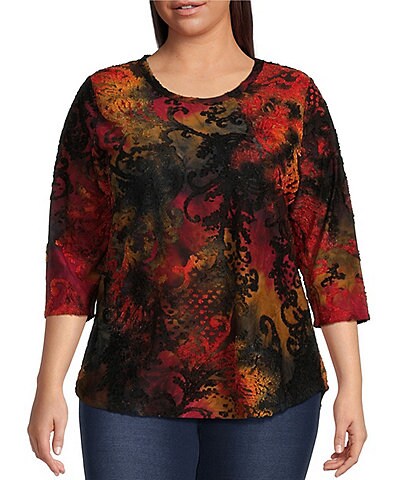 Ruby Rd. Plus Size Medallion Paisley Print Keyhole Neck 3/4 Sleeve  Sharkbite Hem Shirt