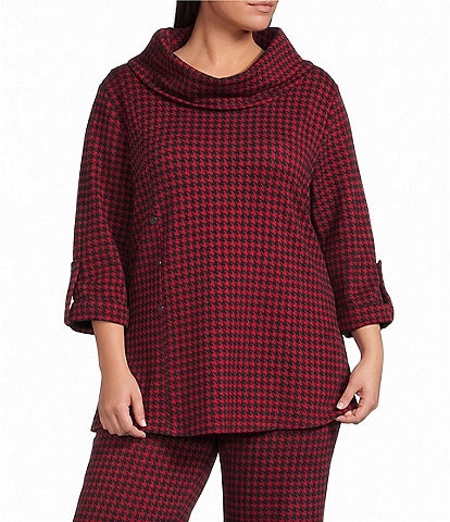 Calessa Plus Size Jacquard Knit Check Cowl Neck Long Roll-Tab Sleeve Top