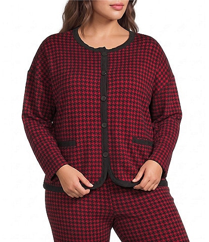 Calessa Plus Size Jacquard Knit Check Crew Neck Long Sleeve Button Front Cardigan