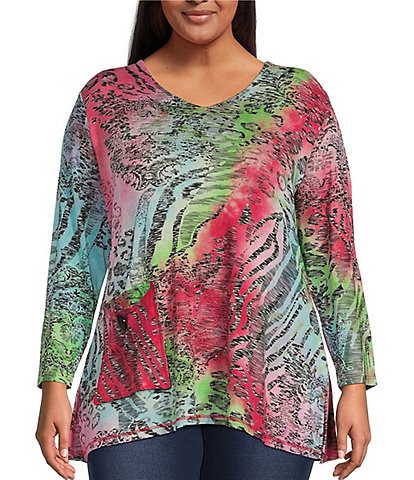 Calessa Plus Size Jacquard Tie Dyed Knit V-Neck 3/4 Bell Sleeve Tunic