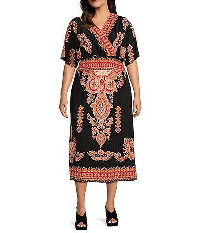 Calessa Plus Size Jersey Knit Border Print Surplice V-Neck Short Sleeve Blouson Dress