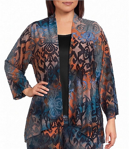 Calessa Plus Size Knit Burnout Draped Front 3/4 Sleeve Open Front Coordinating Cardigan