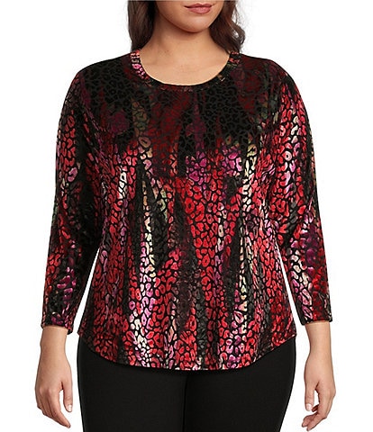 Calessa Plus Size Knit Burnout Velvet Abstract Wave Print Crew Neck Long Sleeve Tunic