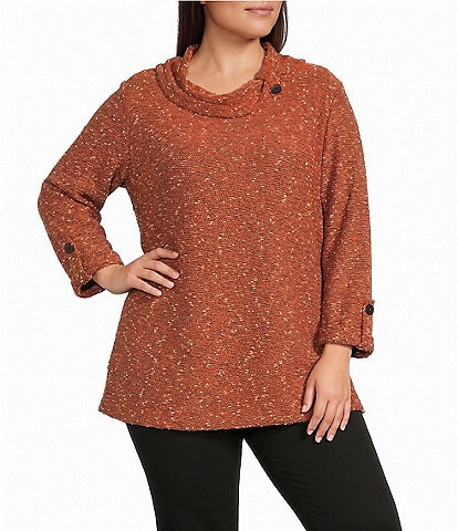 Calessa Plus Size Knit Cowl Neck 3/4 Roll-Tab Sleeve Tunic