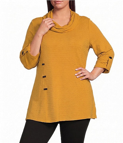 Calessa Plus Size Knit Cowl Neck 3/4 Roll-Tab Sleeve Tunic