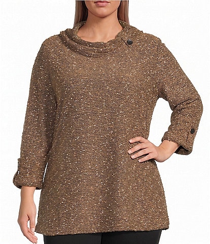 Calessa Plus Size Knit Cowl Neck Long Roll-Tab Sleeve Tunic