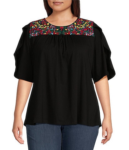 Calessa Plus Size Knit Embroidered Yoke Crew Neck Short Flutter Sleeve Top