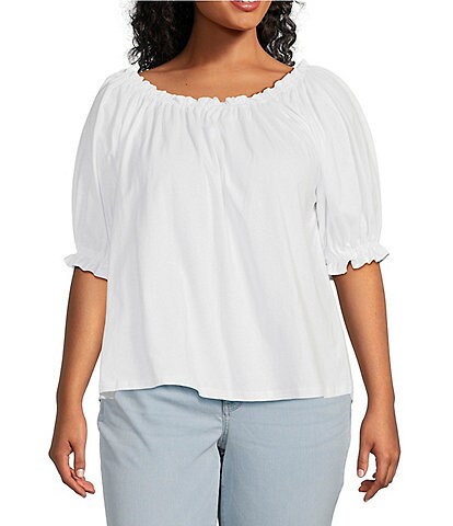 Calessa Plus Size Knit Frill Scoop Neckline Puff Elbow Sleeve Peasant Top