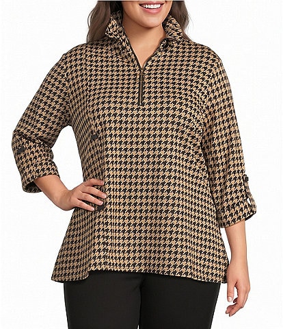 Calessa Plus Size Knit Houndstooth Quarter Zip Mock Neck 3/4 Roll-Tab Sleeve Top