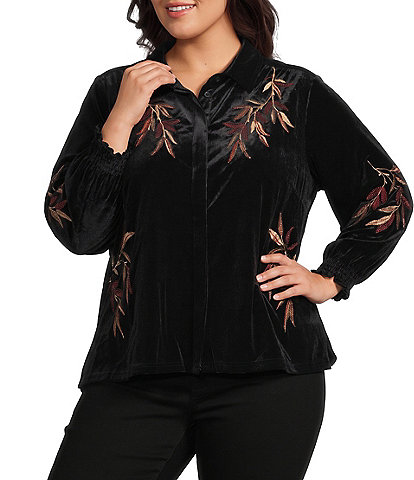 Calessa Plus Size Knit Leaf Point Collar 3/4 Sleeve Button Front Shirt