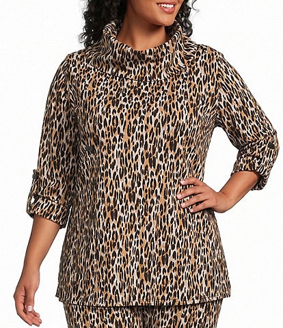 Calessa Plus Size Knit Leopard Cowl Neck 3/4 Roll-Tab Sleeve Coordinating Tunic