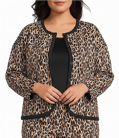 Calessa Plus Size Knit Leopard Print Round Neck Long Sleeve Button Front Jacket