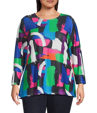 Calessa Plus Size Knit Printed Scoop Neck Long Sleeve Tunic