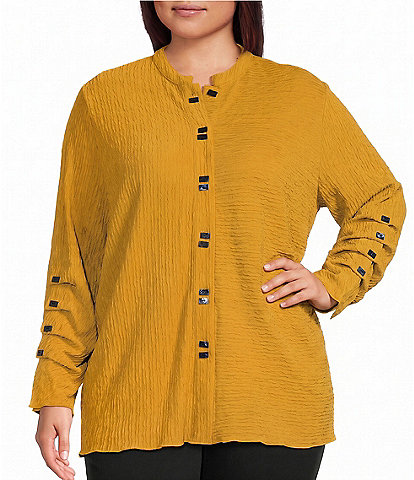 Calessa Plus Size Knit Split Round Neck Long Sleeve Button Front Tunic