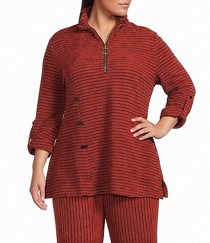 Calessa Plus Size Knit Stripe Quarter Zip Funnel Neck 3/4 Roll-Tab Sleeve Coordinating Tunic