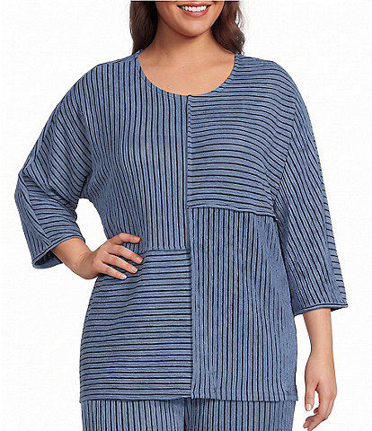 Calessa Plus Size Knit Stripe Scoop Neck Short Sleeve Asymmetric Coordinating Top