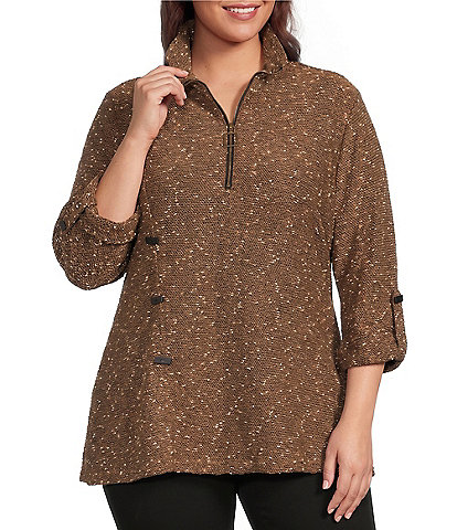 Calessa Plus Size Knit Texture Zip Mock Neck 3/4 Roll-Tab Sleeve Tunic