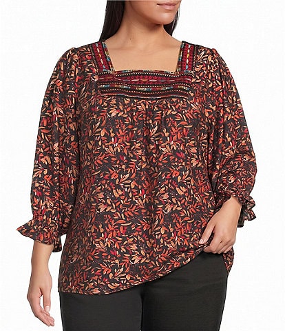 Calessa Plus Size Leaf Print Embroidered Square Neck Elbow Sleeve Coordinating Tunic