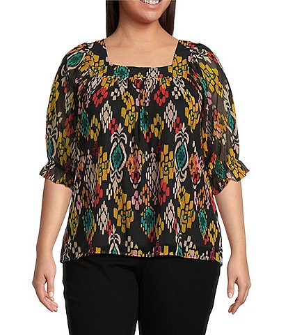 Calessa Plus Size Mesh Knit Abstract Ikat Print Square Neck Elbow Sleeve Tunic