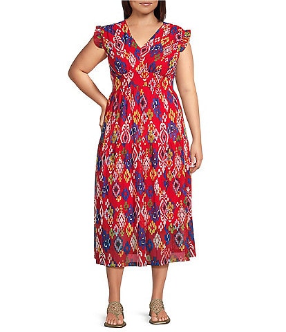 Calessa Plus Size Mesh Knit Abstract Ikat Print V-Neck Cap Sleeve Midi Dress