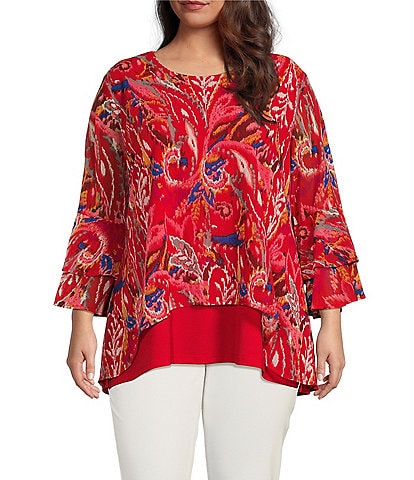 Calessa Plus Size Mesh Knit Abstract Mosaic Scoop Neck 3/4 Ruffle Sleeve Hi-Low Double Layer Tunic
