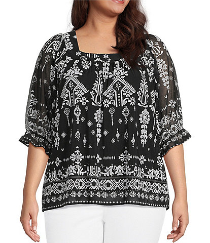 Calessa Plus Size Mesh Knit Abstract Mosaic Square Neck Elbow Puff Sleeve Blouse