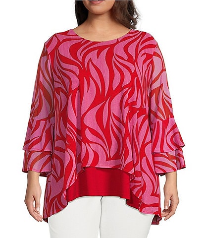 Calessa Plus Size Mesh Knit Abstract Print Scoop Neck Long Sleeve Top