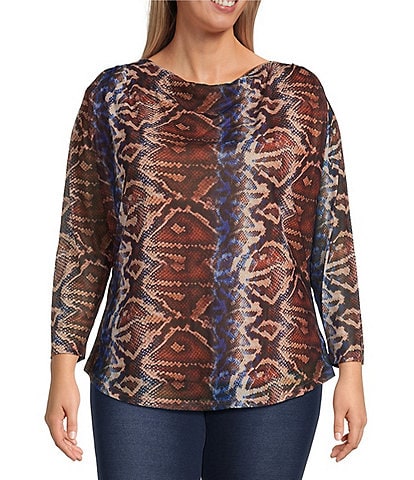 Calessa Plus Size Mesh Knit Abstract Snake Print Drape Neck Long Sleeve Top