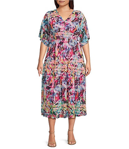 Calessa Plus Size Mesh Knit Floral V-Neck Short Sleeve A-Line Midi Dress