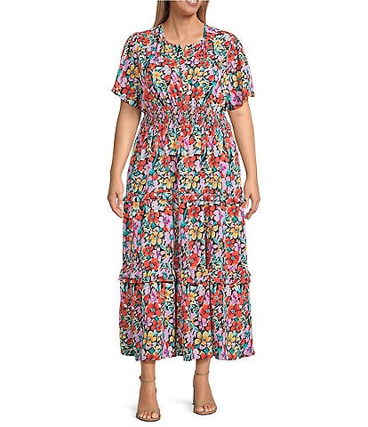 Calessa Plus Size Mesh Knit Floral V-Neck Short Sleeve Maxi Dress