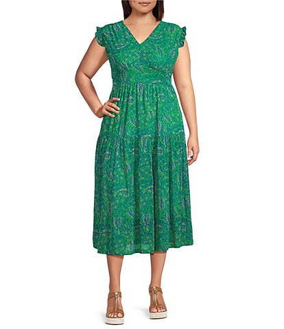 Calessa Plus Size Mesh Knit Printed Plunge V-Neck Cap Sleeve Fit & Flare Midi Dress